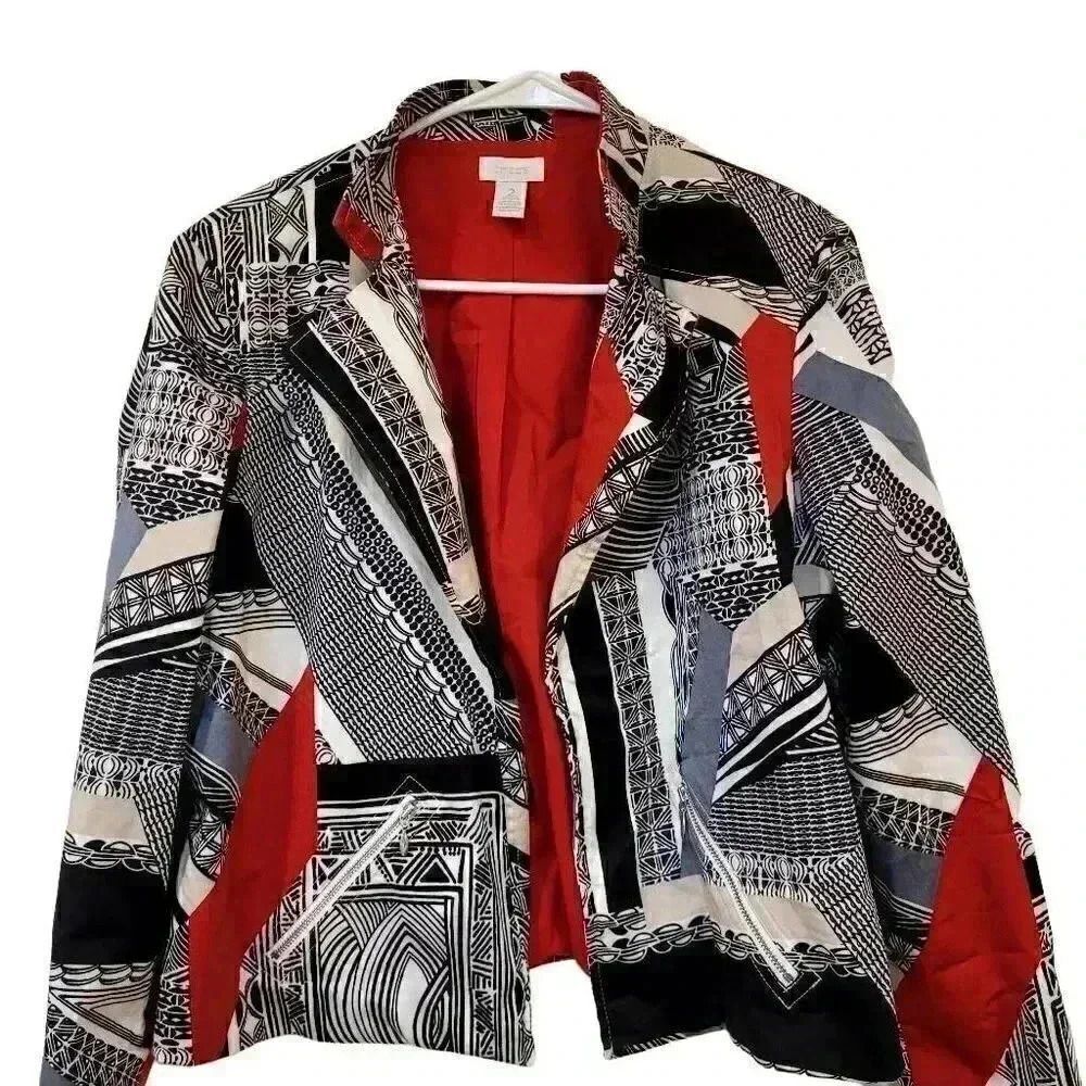 Chico's Women's Red/White/Black Cotton Blend Geometric Print Open Front Lined Ja